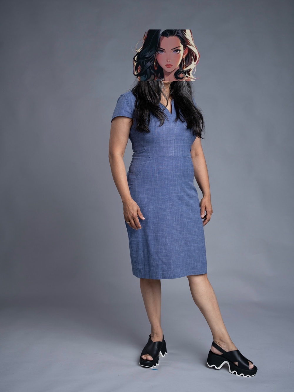 Banana Republic Chambray Blue V‑Neck Midi Sheath Dress